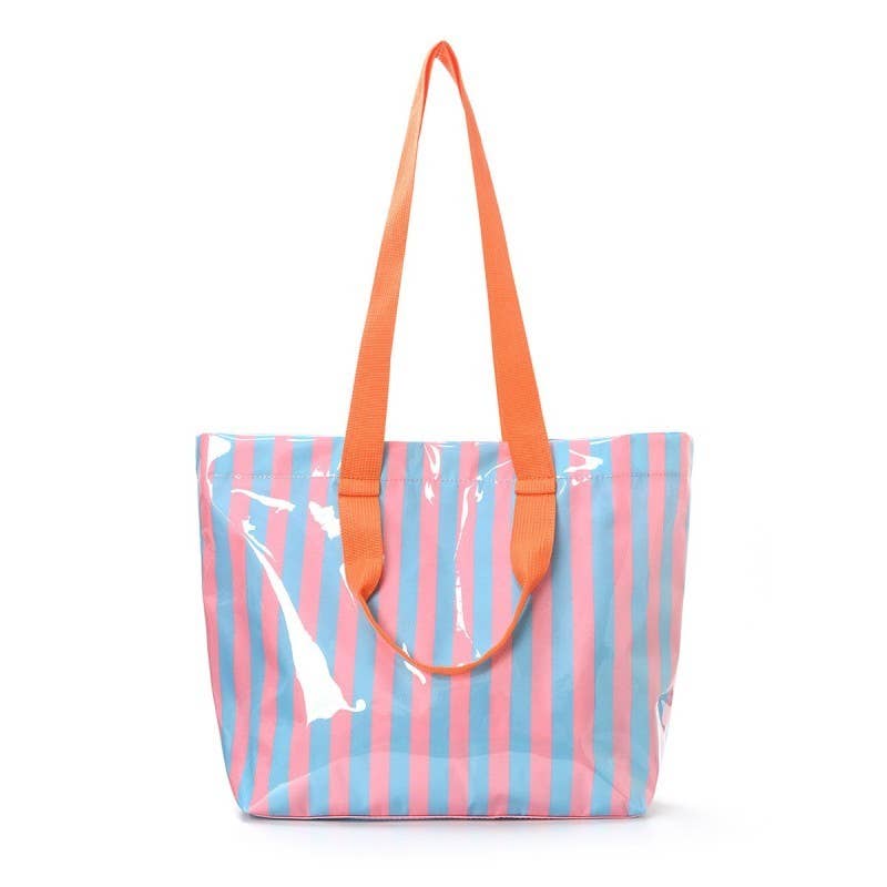 Large Striped Vinyl Tote Bags with Shoulder Strap | 40P619: Pink Yellow
