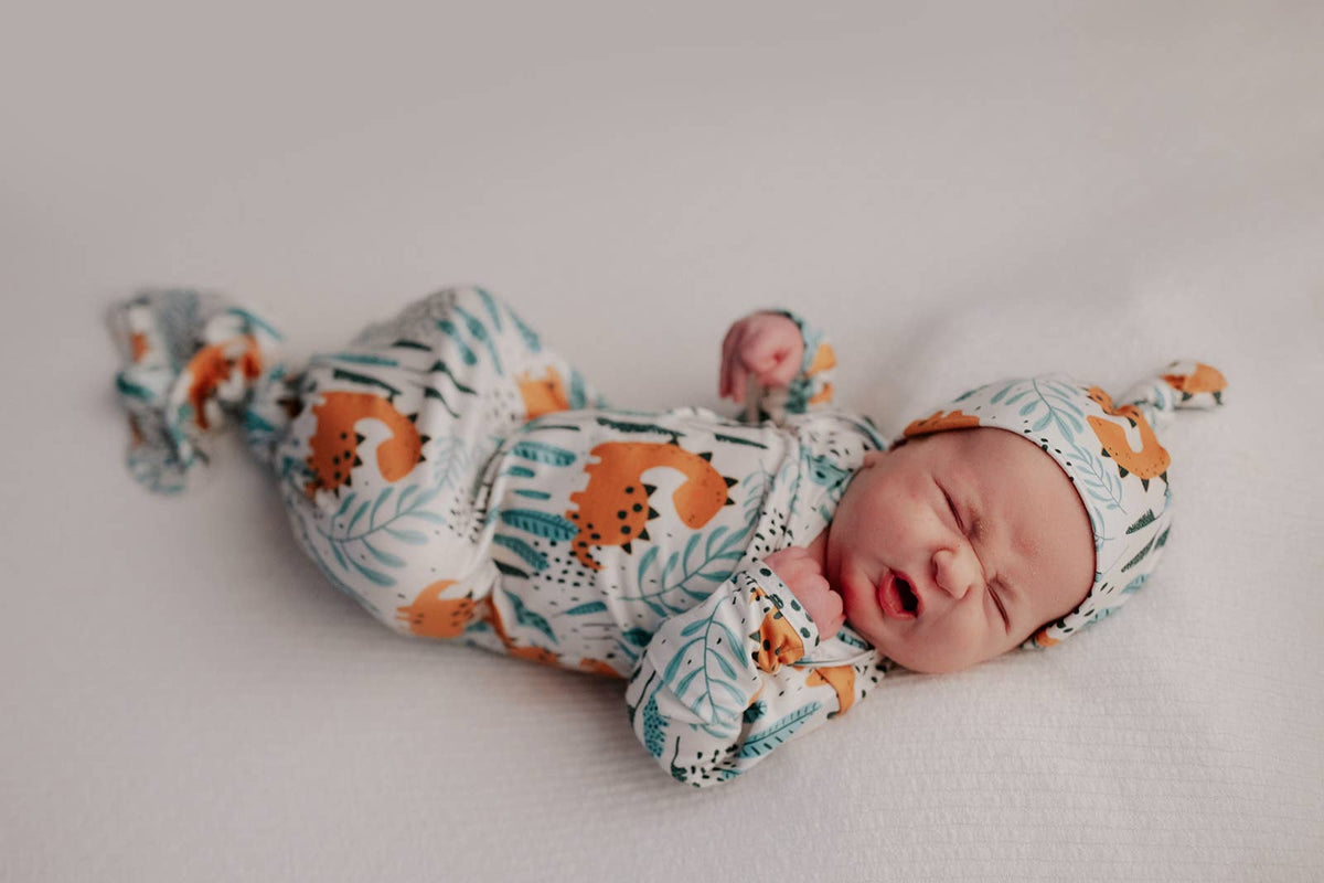 Dinosaur Animal Print Knotted Baby Gown (Newborn - 3 Months)