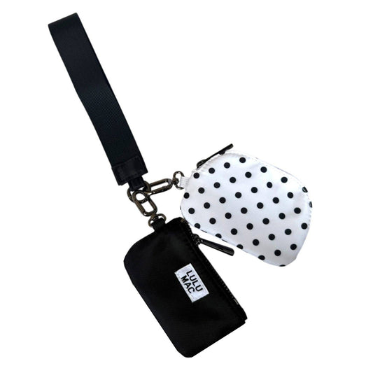 Lulu Mac Double Pouch Wristlet — White/Black Dots