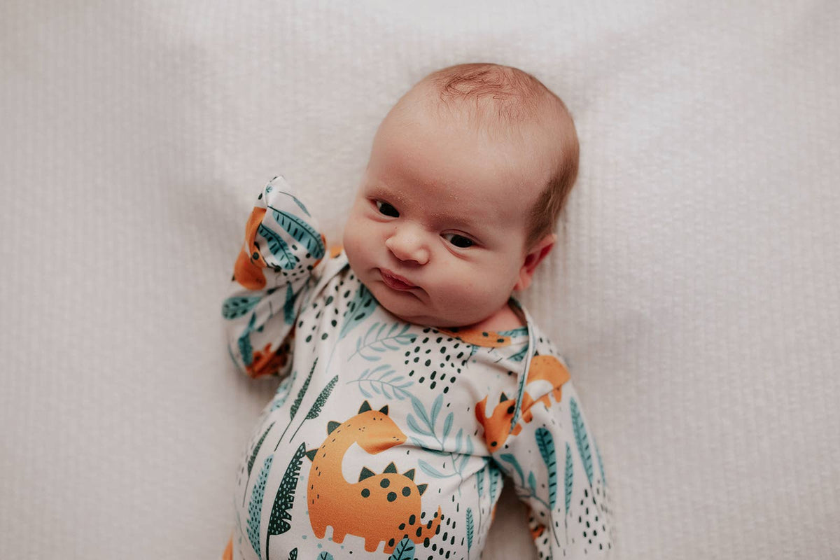 Dinosaur Animal Print Knotted Baby Gown (Newborn - 3 Months)