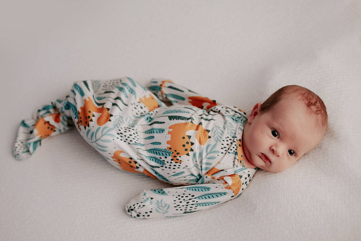 Dinosaur Animal Print Knotted Baby Gown (Newborn - 3 Months)