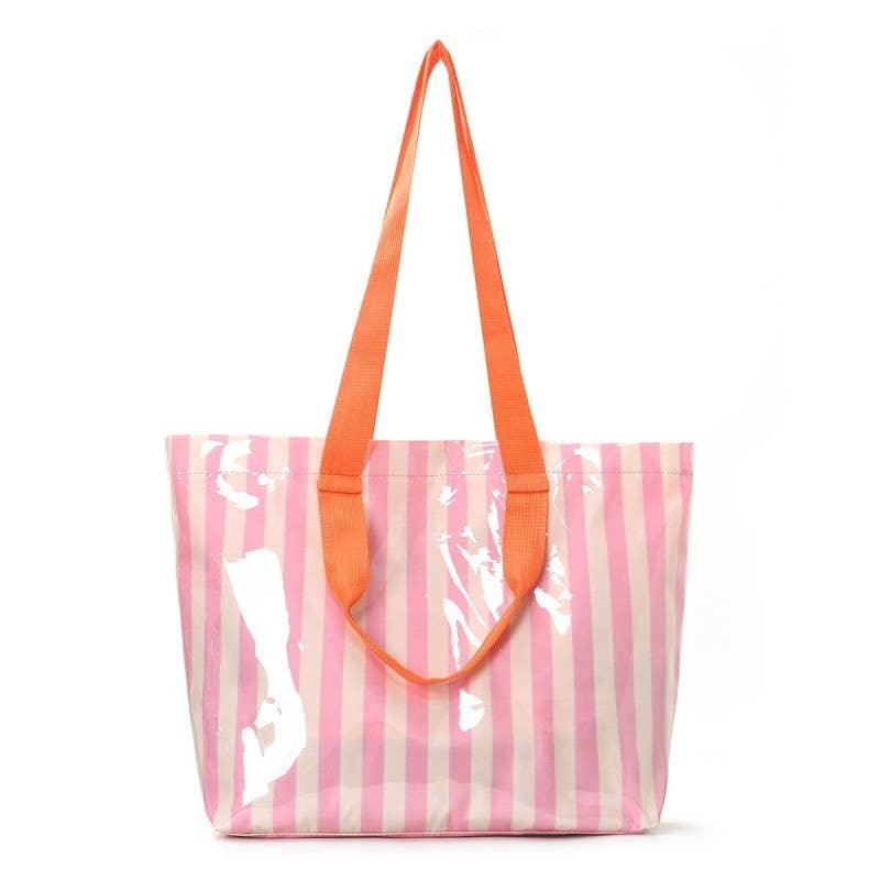 Large Striped Vinyl Tote Bags with Shoulder Strap | 40P619: Fuchsia Orange