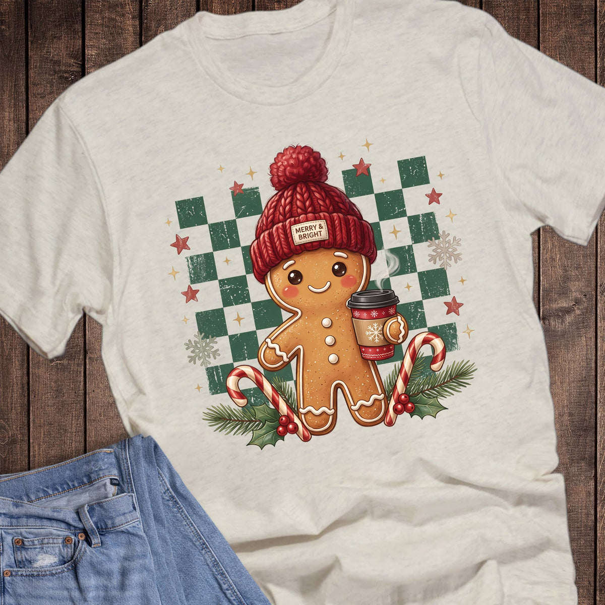 Christmas Gingerbread with Coffee Check Graphic Tee: Oat / M / Short Sleeve