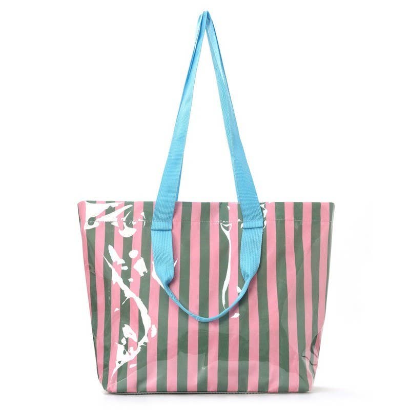 Large Striped Vinyl Tote Bags with Shoulder Strap | 40P619: Fuchsia Orange