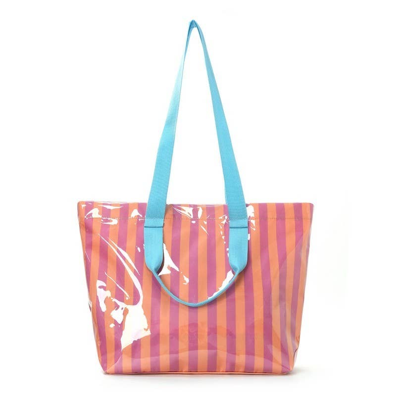 Large Striped Vinyl Tote Bags with Shoulder Strap | 40P619: Pink Yellow