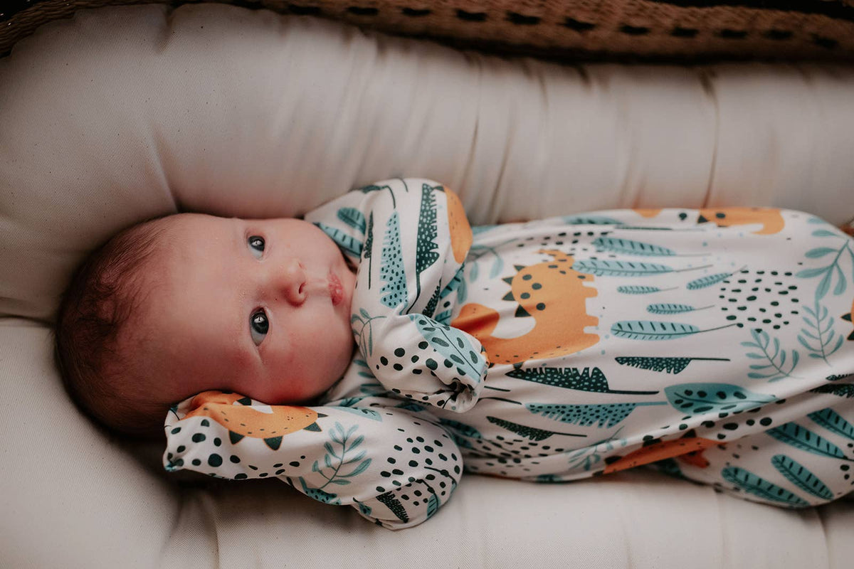 Dinosaur Animal Print Knotted Baby Gown (Newborn - 3 Months)