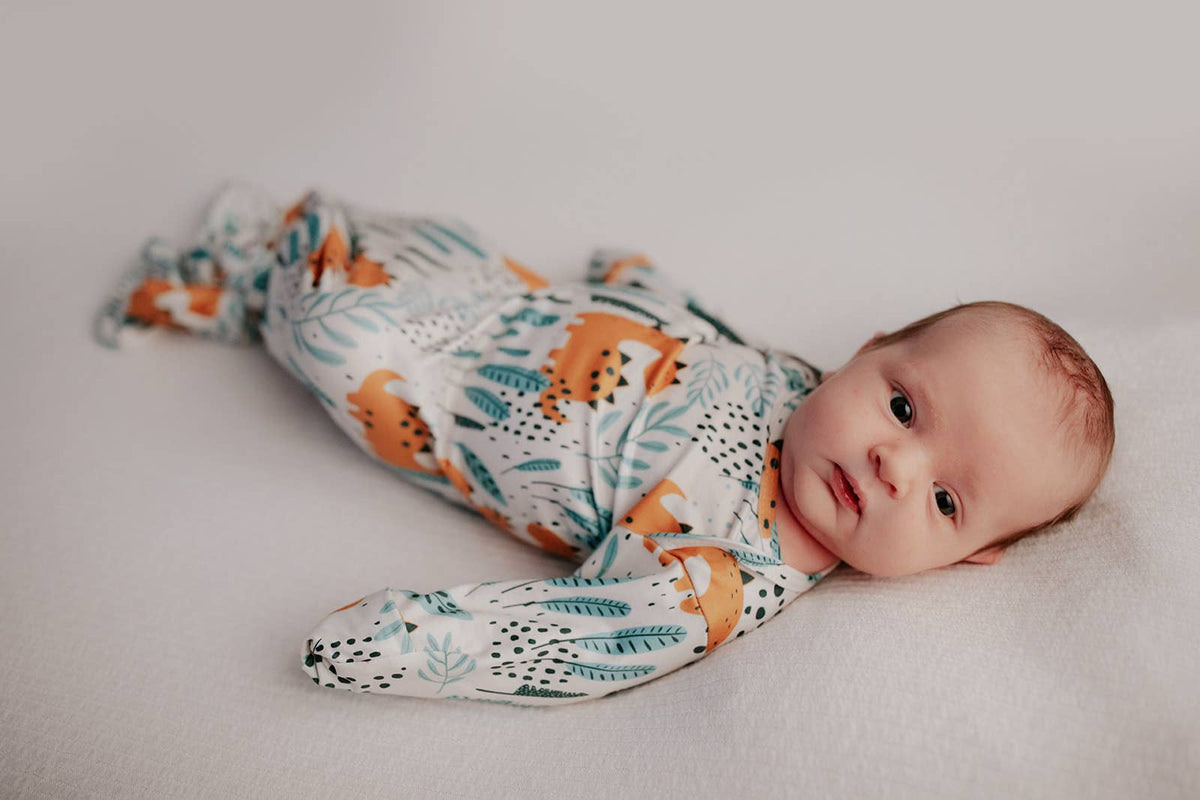 Dinosaur Animal Print Knotted Baby Gown (Newborn - 3 Months)