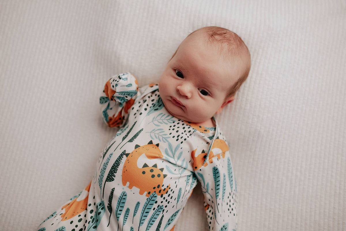 Dinosaur Animal Print Knotted Baby Gown (Newborn - 3 Months)
