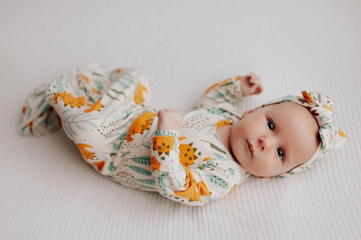 Dinosaur Animal Print Knotted Baby Gown (Newborn - 3 Months)