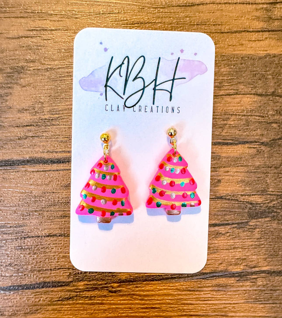 Christmas Tree Clay Dangle Earrings — Pink