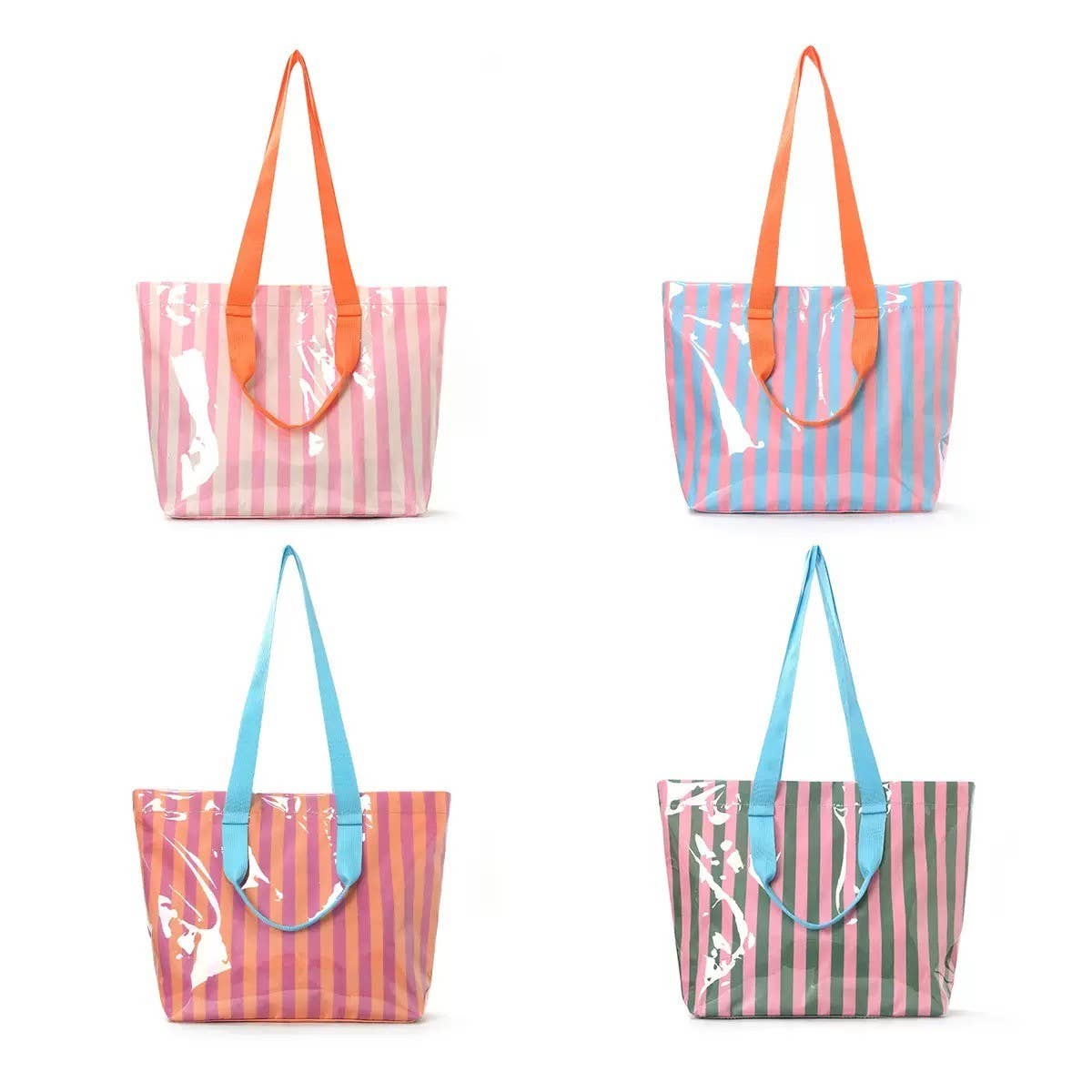 Large Striped Vinyl Tote Bags with Shoulder Strap | 40P619: Fuchsia Orange