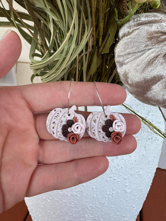 Floral Pumpkin Clay Hoop Earrings — Rust